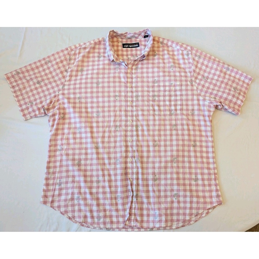 Reyn Spooner Shirt Mens XXL Pink Gingham Check Palm Tree Short Sleeve Flawed